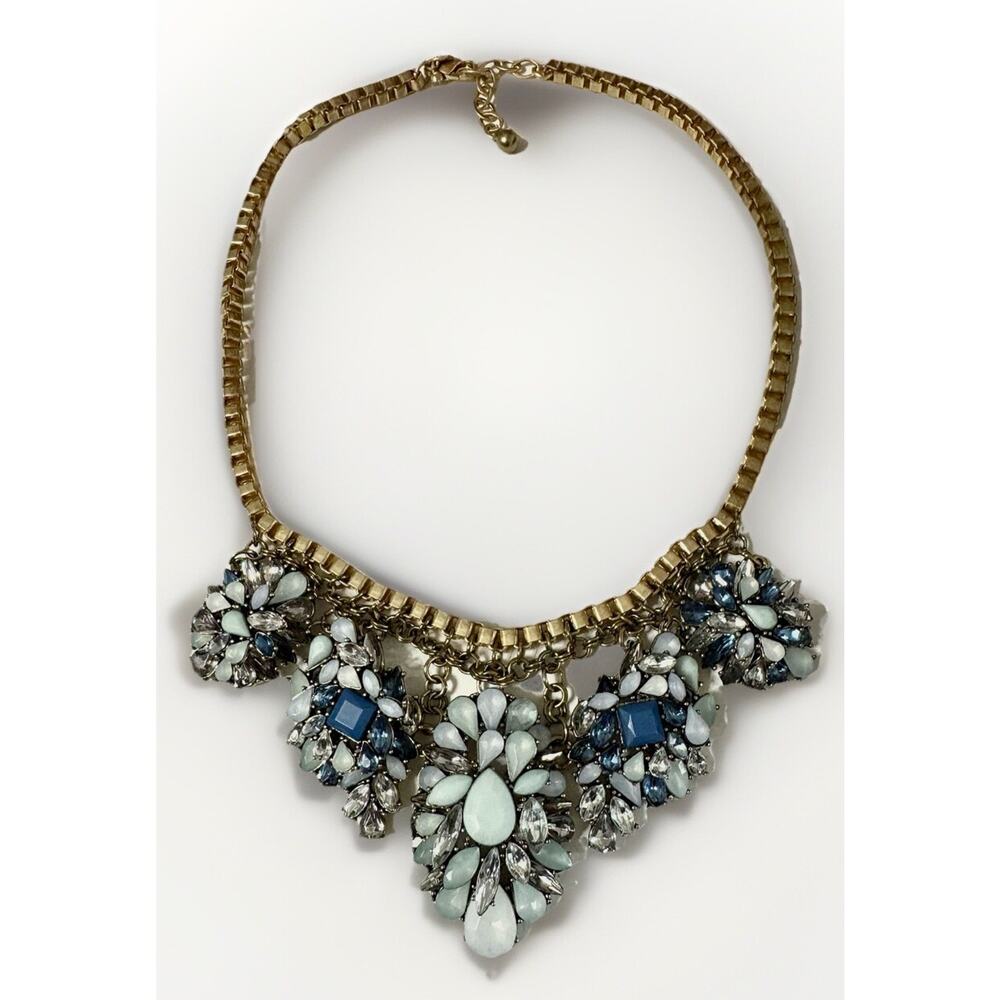 Talbots Statement Necklace w Aqua Blue Clear Rhinestones in Mint Condition